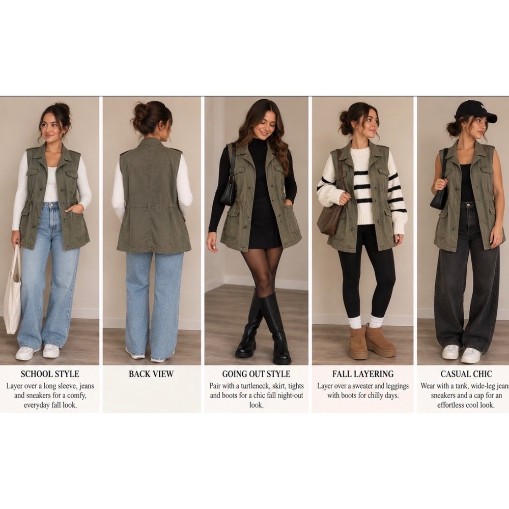 Per Se Women 1X Olive Green Cotton Utility Vest Military Safari Drawstring Waist